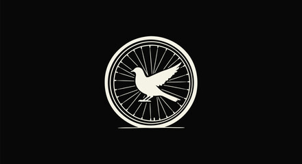 Negative Space Bird in Bicycle Wheel &ndash; Off-White Minimal Line Art Vector on Black Background