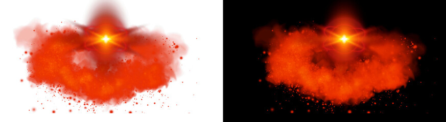 PNG image of Bright starburst effect with a red and orange glowing fiery explosion of smoke and sparkling particles on transparent background. on transparent background © NURUN