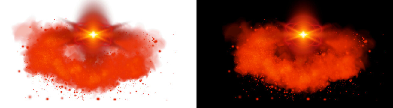 PNG image of&nbsp;Bright starburst effect with a red and orange glowing fiery explosion of smoke and sparkling particles on transparent background. on transparent background