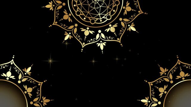 Animation of Luxury mandalas background with gold frame in arabesque pattern Arabic style. Motion Graphics Video Mandala Rotating and glittering. Sparkling black background and copy space for you text