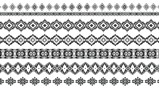 Set of black and white ethnic ornamental borders with geometric tribal patterns for textile design, frame decoration, and traditional art.