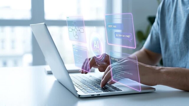 Person typing laptop hands typing as hologram AI core interface overlays chat bubbles code snippets and data flow visualizations for natural language processing machine learning conversational