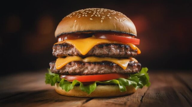 Triple cheeseburger with melted cheddar lettuce and tomato on sesame bun