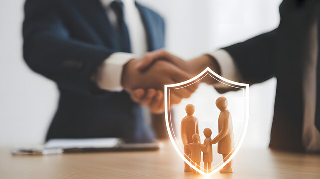 Professional business people shaking hands in a bright office environment symbolizing agreement and trust with a glowing digital shield protecting a family on a wooden ta