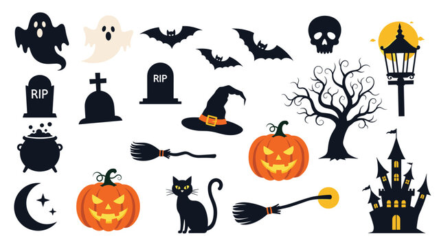 Spooky halloween silhouette collection including ghosts, bats, skulls, pumpkins, witch hats, and a haunted castle on a plain white background.