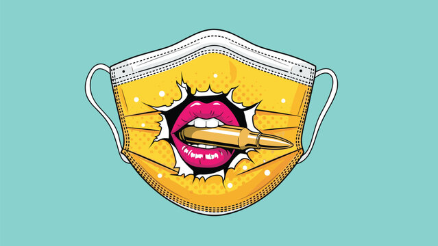 Creative pop art style medical face mask design featuring open mouth with pink lips biting a golden bullet against blue background.