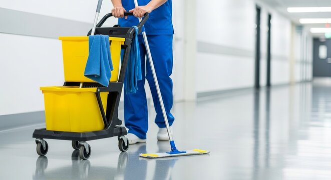 Janitor cleaning hospital floor with mop and bucket cart