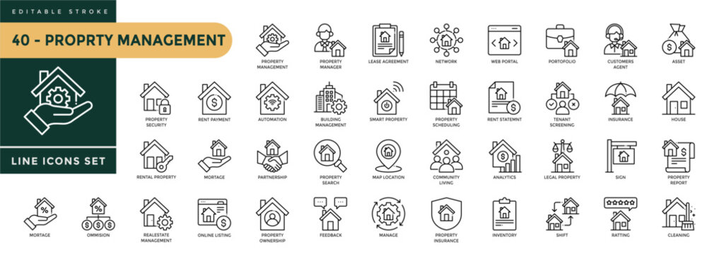Property Management icons set with editable stroke. Thin linear vector illustration.