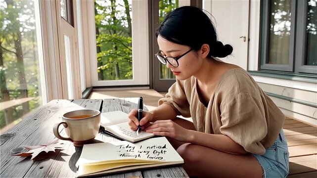 Person journaling outdoors on a wooden table, capturing a calm and mindful lifestyle moment in natural light. Created with generative AI.