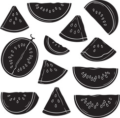 Handdrawn watermelon slices in various shapes and sizes isolated on transparent background