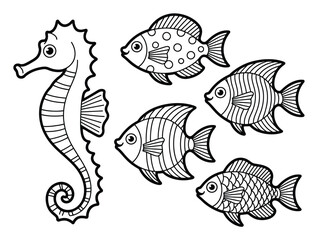 Fototapeta premium Cute cartoon seahorse and fish coloring pages