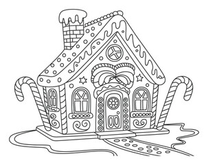 Fototapeta premium Festive Gingerbread House with Candy Cane Decorations Coloring Page