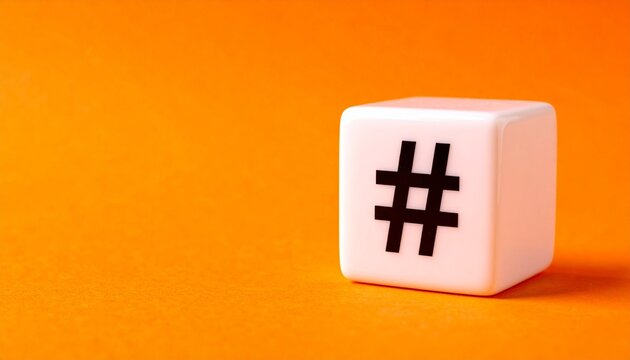 White cube with black hashtag symbol on vibrant orange background symbolizing social media digital communication and online trends