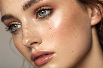 Fototapeta premium Close-up of face with green eyes, freckles, glossy lips and makeup as tears run down cheek highlighting emotional expression and artistic beauty photography Generative Ai.