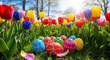 Obraz premium Brightly decorated Easter eggs sit nestled in lush green grass surrounded by a vibrant field of tall blooming colorful.