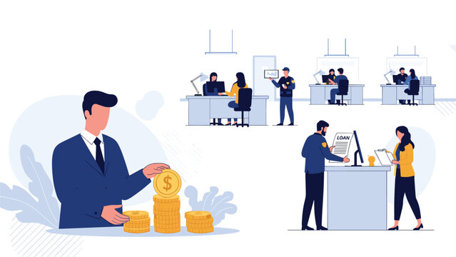 Professional scene showing various people working in a bank including tellers serving customers, a manager with coins, and security staff.