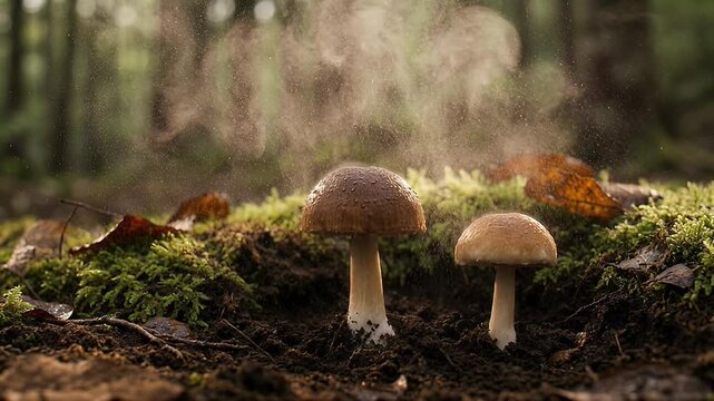 Tranquil forest scene featuring mushrooms with moisture in the air and moss