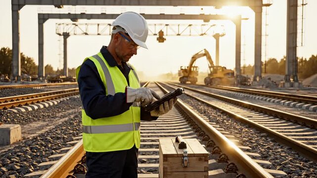 Railway worker uses tablet inspecting tracks at construction site during sunset. Engineer checking railway tracks with tablet. Worker at railroad construction. Track inspection with excavator.