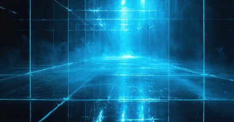 Fototapeta premium Abstract blue grid, glowing lines create futuristic room. Dark background emphasizes bright central light source. Minimalist design.