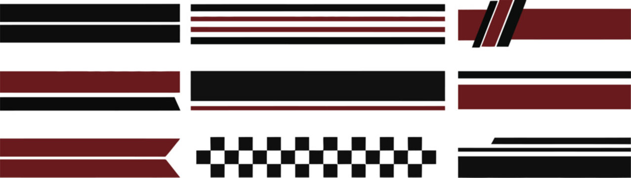 Racing stripes and sports car decals with checkered patterns and speed lines in black and dark red colors.