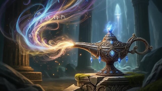 Mystical Genie Lamp with Magical Smoke in Ancient Ruins - Fantasy Wish Concept.