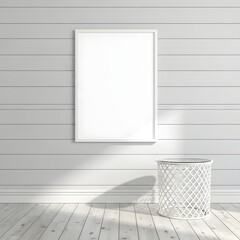 Minimalist room with empty picture frame and trash can on wooden floors illustration