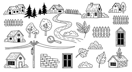 Obraz premium Hand-drawn outline illustration of houses, trees, road, fences, leaves, and various elements