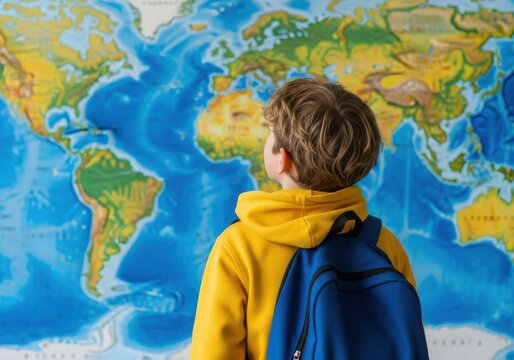 Young Boy Looking at World Map.