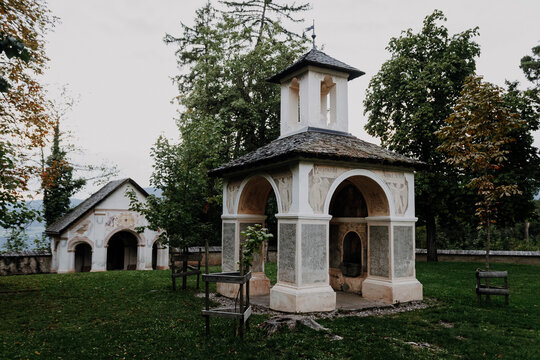 Historical Chapel at Mount Calvary in Castelrotto, South Tyrol &ndash; Sacred Architecture and Religious Tradition in the Dolomites surrounded by Autumnal Nature
