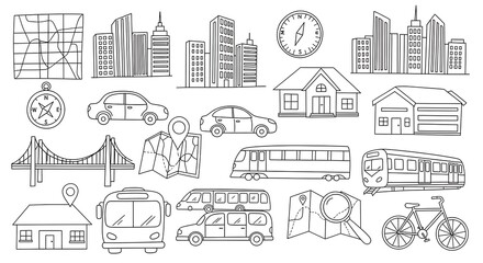 Hand-drawn outline illustrations of travel and city elements, including buildings and transportation