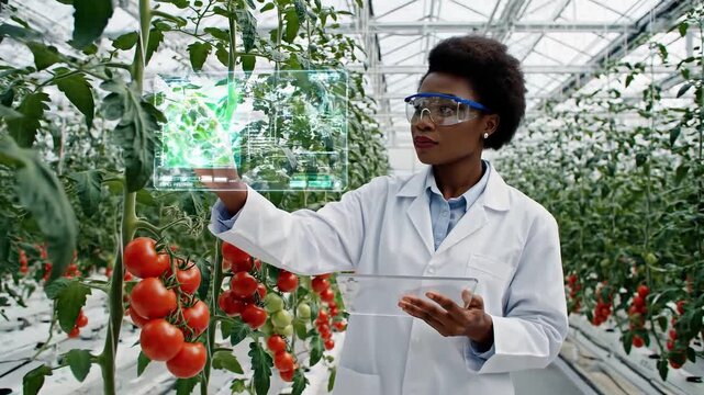 Female agronomist using a transparent holographic tablet in a pristine high-tech glass greenhouse, contextual B2B AI concept, smart agriculture and future farming.
