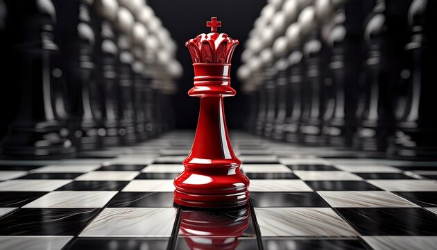 red chess piece stands out on black and white chessboard symbolizing strategy and competition dynamic composition highlights game intensity and focus