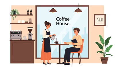 Friendly waitress in an apron serving a fresh cup of coffee to a young man sitting at a table in a modern coffee house.