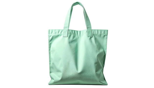 A solid, light-green tote bag isolated on a black background, with prominent handles