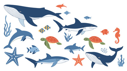 Colorful set of diverse sea creatures including whales, sharks, dolphins, turtles, and fish swimming on a white background.