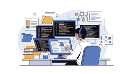 Naklejka premium Skilled computer programmer wearing headphones working on complex code across multiple monitors at a cluttered desk full of data files.