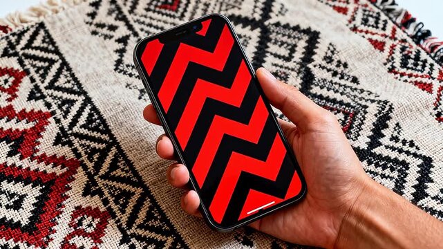 Hand holding phone with zigzag pattern