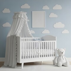 Serene nursery with a canopy crib and teddy bear by the wall illustration