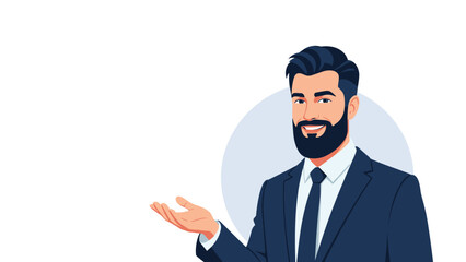 Fototapeta premium Friendly businessman with a beard wearing a dark blue suit and tie gesturing with an open hand to present a product or information.