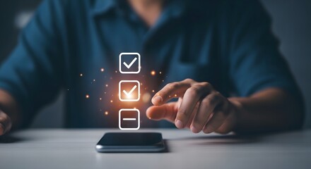 A person interacting with a smartphone displaying checklist icons