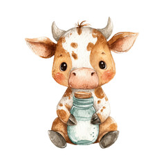 Obraz premium Cute Baby Cow Holding Milk Bottle in Watercolor Style Illustration