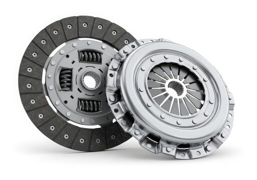 Close-up view of a dual mass flywheel and clutch disc from a car.