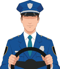 Police Officer in Blue Uniform Driving Patrol Car Vector Illustration for Law Enforcement Concepts, Public Safety Posters, Security Services, and Professional Career Graphics © Kulsum