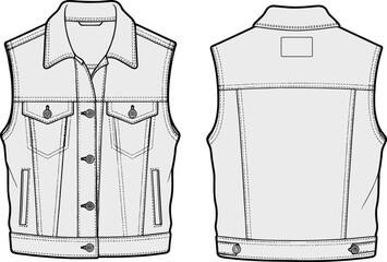 Denim vest technical drawing vector illustration, front and back views, detailed fashion flat sketch template, sleeveless jacket apparel outline design © MstBeauti
