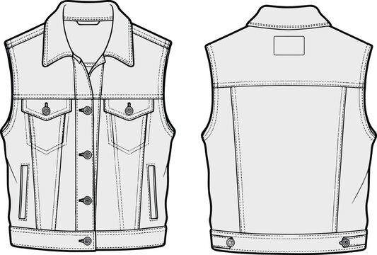 Denim vest technical drawing vector illustration, front and back views, detailed fashion flat sketch template, sleeveless jacket apparel outline design