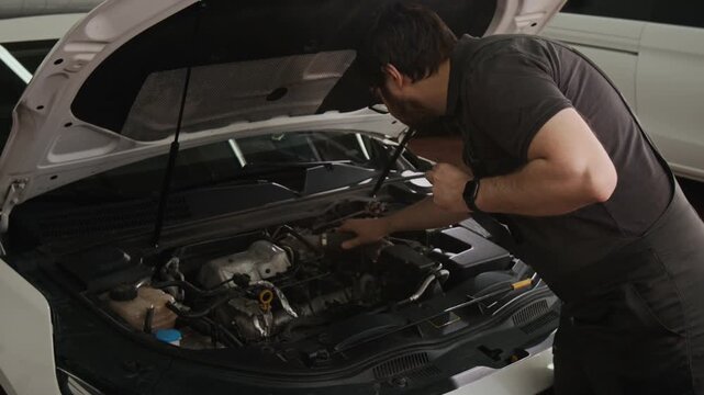Medium shot of male mechanic in gray overalls checking car engine, valves, spark plugs, combustion and ignition, filling out cost estimate sheet, while planning repair works in garage