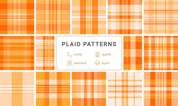 Vibrant orange and yellow plaid pattern radiating warmth and energy. This modern tartan design is perfect for seasonal textiles, autumn marketing, and stylish backgrounds for any project.