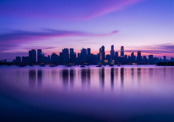Fototapeta premium City skyline reflected in calm water at dusk with vibrant purple hues.