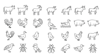 Obraz premium farm animal outline vector icons. livestock poultry cartoon set