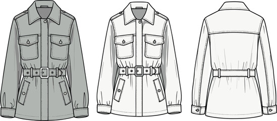 Women belted safari jacket vector illustration, front and back views line art, utility fashion outerwear technical drawing, detailed apparel template © It's Majed Here